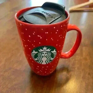 2020 Starbucks 12oz Christmas Red Snow Ceramic Mug With Travel No-Spill Lid